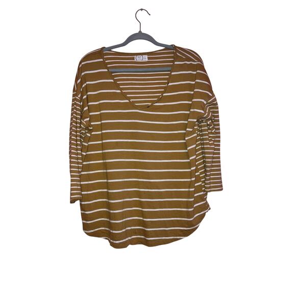 Maurices 24/7 Mustard White Stripe Long Sleeve Henley Top XL - Picture 1 of 6